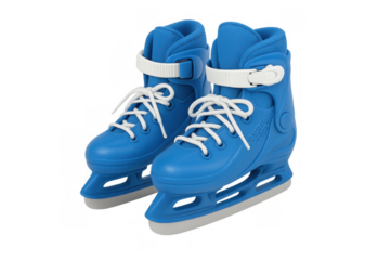 Pair of blue ice skates with white laces and straps, ready for winter sports, recreation, and enjoyable ice skating