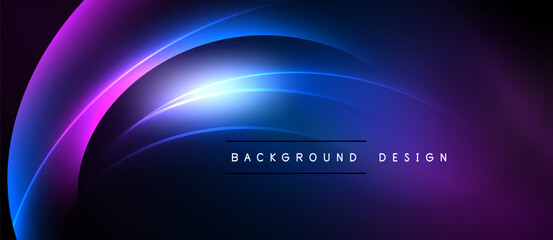 Abstract neon curves create dynamic background. Vivid blues, purples blend into darkness. Text reads background design.