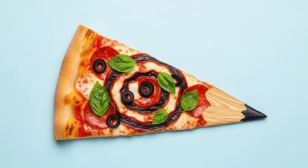 Creative pizza slice shaped like a pencil, blending food and art concepts on a light blue background, showcasing a unique and imaginative design