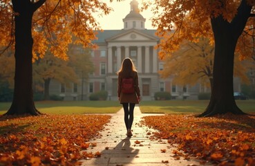 Woman walks towards university building on campus in autumn. Fall leaves cover path between trees. College student with backpack in sunny weather. Education inspiration in film style.