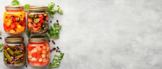 Preserved vegetables in glass jars with fresh herbs and peppercorns on a light surface, showcasing natural food preservation methods.
