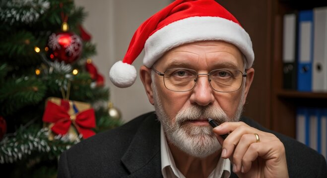Thoughtful senior man with a white beard and glasses wearing a Santa hat, holding a pen to his chin in a festive office with a Christmas tree.