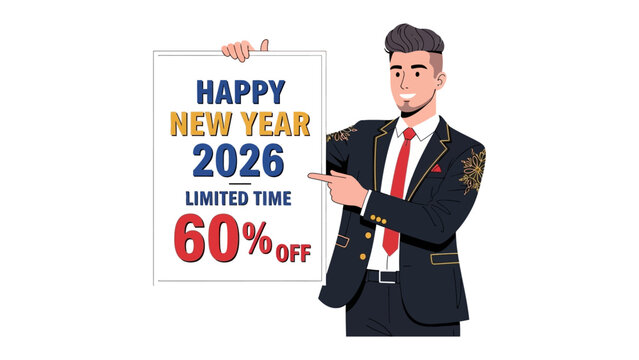 New Year Promotion: A smartly dressed man, points towards a promotional sign for the New Year, advertising a limited-time 60% discount on products or services. A modern and festive scene.