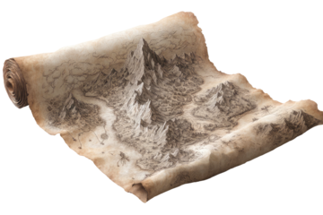 Antique map, hilly terrain, parchment scroll, aged texture