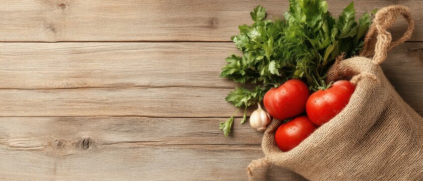 Fresh garden vegetables spill from a burlap sack onto a rustic wooden table, showcasing ripe tomatoes, herbs, and garlic. - Powered by Adobe