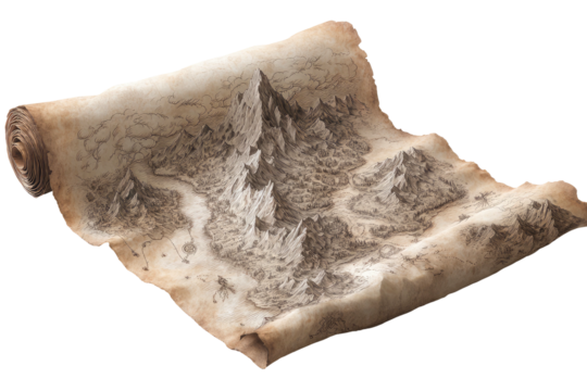 Antique map, hilly terrain, parchment scroll, aged texture