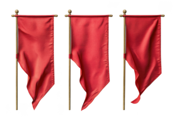 Three red flags banners pennants streamers signage fabric cloth decoration symbol graphic element isolated on transparent background