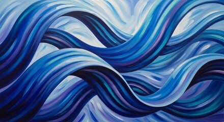 Obraz premium Vibrant and dynamic abstract painting with large, intertwined, flowing brushstrokes in shades of deep blue, azure, white, and purple, creating a sense of powerful, turbulent motion.