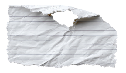 Torn lined paper piece, crumpled with a hole