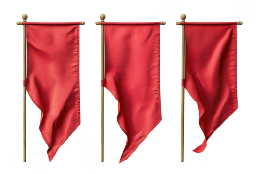 Three red flags banners pennants streamers signage fabric cloth decoration symbol graphic element isolated on transparent background