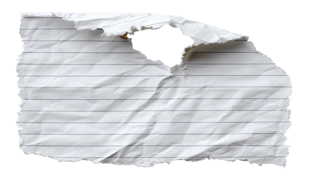 Torn lined paper piece, crumpled with a hole
