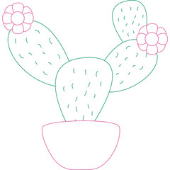 Dotted Line Cactus Plant With Pink Flowers in a White Pot on a Transparent Background Simple Vector Illustration