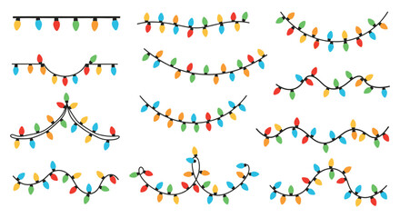 Collection of colorful festive christmas string lights in various arrangements and shapes on a white background