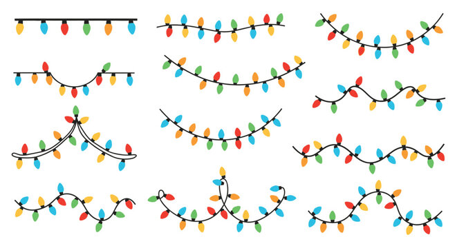 Collection of colorful festive christmas string lights in various arrangements and shapes on a white background