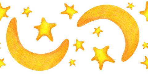 Seamless border with gold stars and a crescent moon, hand-drawn. Pencil drawing of the night starry sky on an isolated background. Seamless template for wallpaper, textiles, and tableware.