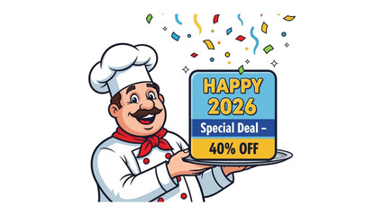 Culinary Celebration: A cheerful chef proudly presents a special offer for the year 2026, a 40% discount, accompanied by festive confetti, setting the stage for delightful savings.