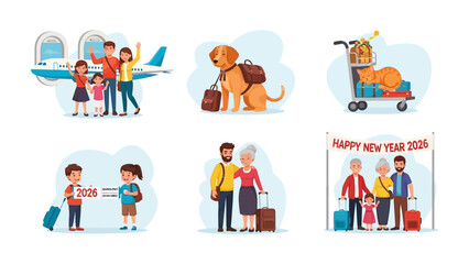 Fototapeta premium New Year's Travel Set: A joyful compilation of illustrations depicting diverse travel scenarios, featuring families, pets, and the promise of new adventures, with a New Year's theme.