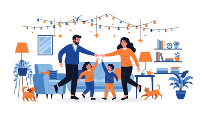 Family Harmony: A joyful family celebrates together in a cozy and festive living room, decorated with warm lights and filled with love.