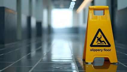 A yellow slippery floor caution sign on shiny wet floor, blurred hospital corridor - careful, safety, warning, caution, danger, alert, notice, symbol, information, message, accident prevention concept