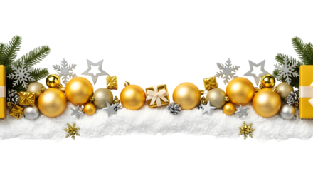 Festive christmas border with golden baubles, gifts, snowflakes, and pine branches on a snowy base, isolated on transparent background