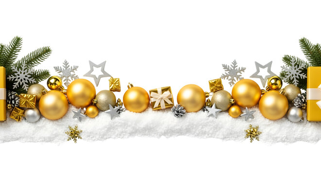 Festive christmas border with golden baubles, gifts, snowflakes, and pine branches on a snowy base, isolated on transparent background