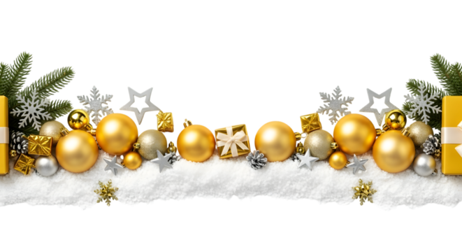 Festive christmas border with golden baubles, gifts, snowflakes, and pine branches on a snowy base, isolated on transparent background