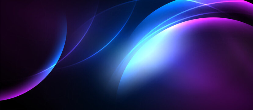 Abstract flowing shapes, vibrant purple, blue hues dominate dark background. Smooth gradients create dynamic visual effect.