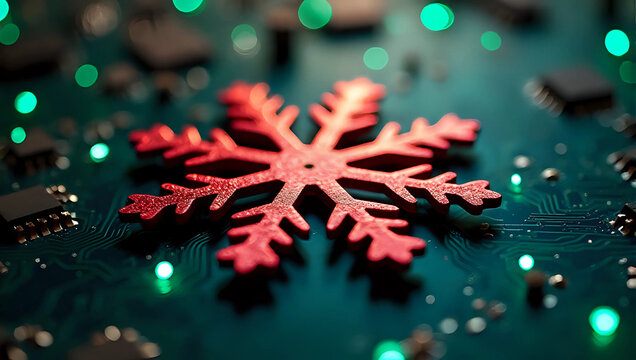 A red snowflake ornament on green computer circuit board, microchips, glowing green bokeh lights - holiday Christmas, digital technology
