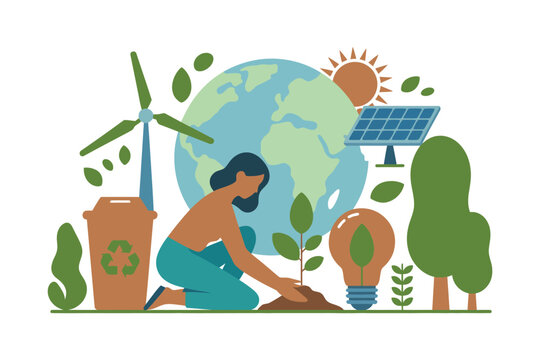 A person plants a seedling next to a wind turbine, solar panel, and lightbulb, symbolizing environmentalism and sustainable energy for the planet.