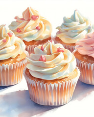 vanilla cupcakes, creamy vanilla frosting, buttercream cupcakes, pink sprinkles, sweet treats, dessert photography, bakery cupcakes, frosted cupcakes, pastel sweets, homemade cupcakes, cupcake close-u