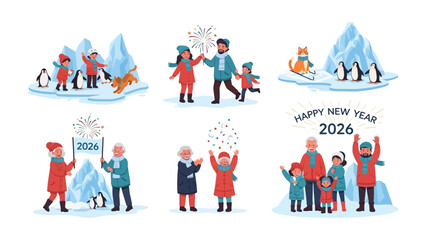 Happy New Year 2026 Celebration: Families and penguins celebrate the New Year with fireworks amid icebergs and snow, a vibrant illustration of joy and festivity.