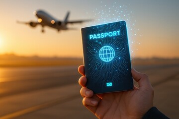 Passport to Journey's Embrace: An illuminated passport symbolizes global mobility and the anticipation of new experiences. An airplane soars in the background, set against a vibrant sky.