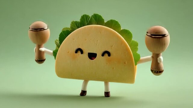Adorable cartoon taco character with a happy face, lettuce, and holding maracas. Green background
