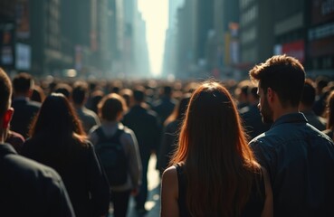 Naklejka premium Anonymous crowd of people walks down a sunlit city street lined with tall buildings. A couple is seen from behind amidst the busy urban flow, walking together in a dense gathering.