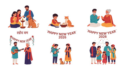 Celebrating New Year Traditions: A vibrant depiction of families engaged in heartfelt New Year rituals, sharing love, joy, and togetherness, beautifully encapsulated in a festive artwork.