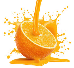 Orange juice pouring onto a cut orange