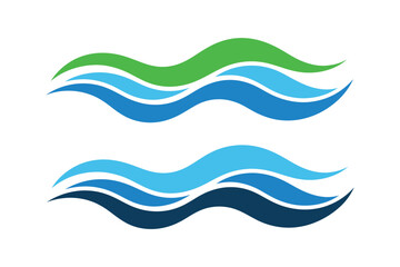Abstract representation of flowing water with green and blue waves symbolizing nature and purity against a white background.