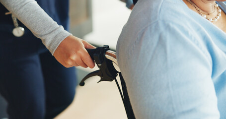 Support, nurse and hands in clinic with wheelchair, assistance or trust in disability care....