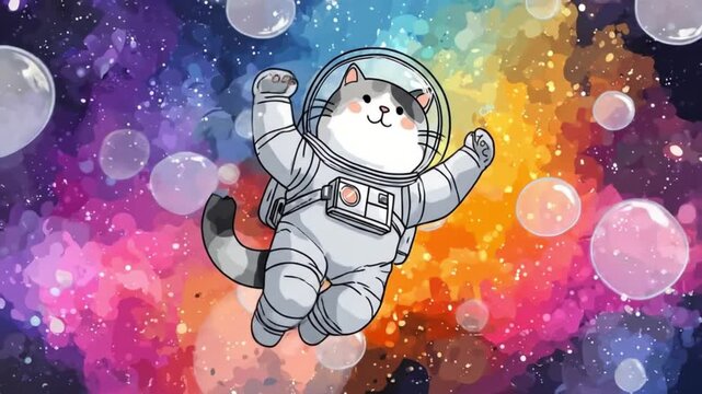 Cheerful white cat in an astronaut suit floats amid a vibrant nebula with twinkling planets. In view