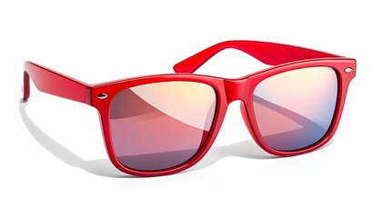 Red wayfarer sunglasses with dark gradient lenses on a light surface, blending fashion and sun protection.