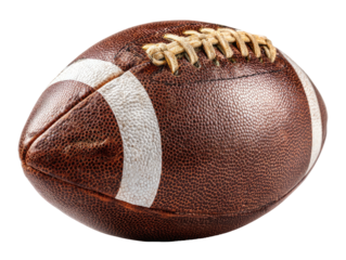 Brown football with white stripes and laces, ready for play