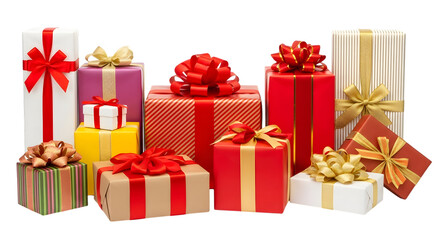 Obraz premium Assortment of colorful gift boxes with red and gold ribbons and bows, isolated on transparent background