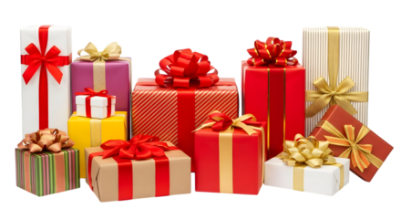 Assortment of colorful gift boxes with red and gold ribbons and bows, isolated on transparent background