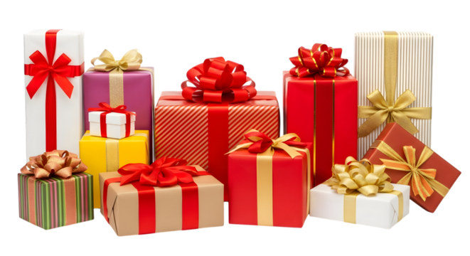 Assortment of colorful gift boxes with red and gold ribbons and bows, isolated on transparent background