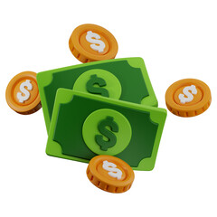 3D money and coins icon. 3D icon render of money and coins with transparent background.