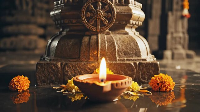 Ancient Indian Ashoka Pillar with Glowing Diya Lamp and Marigold Flowers.