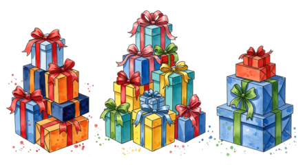 Watercolor illustration of stacked gift boxes with ribbons and bows, festive and celebratory isolated on transparent background