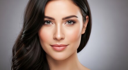 Naklejka premium Young caucasian female with long dark hair and smooth complexion smiling