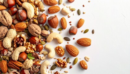 Mixed nuts and dried fruits scattered with wholesome energy plain white background