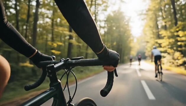 Hands on bicycle handlebars while riding on a sunny forest road, actively enjoying a beautiful outdoor cycling journey.